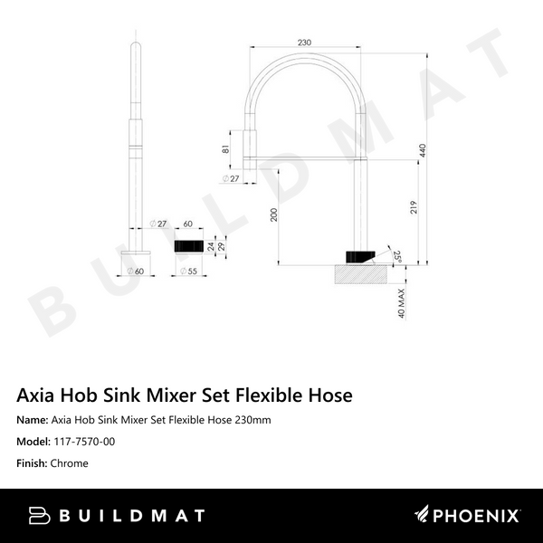 Phoenix Axia Chrome Hob Sink Mixer Set Flexible Hose 230mm