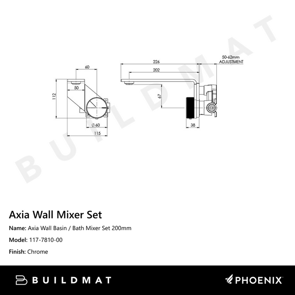 Phoenix Axia Wall Basin / Bath Mixer Set 200mm Chrome