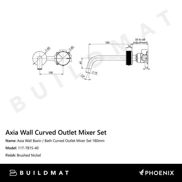 Phoenix Axia Wall Basin/Bath Curved Outlet Mixer Set 180mm Brushed Nickel