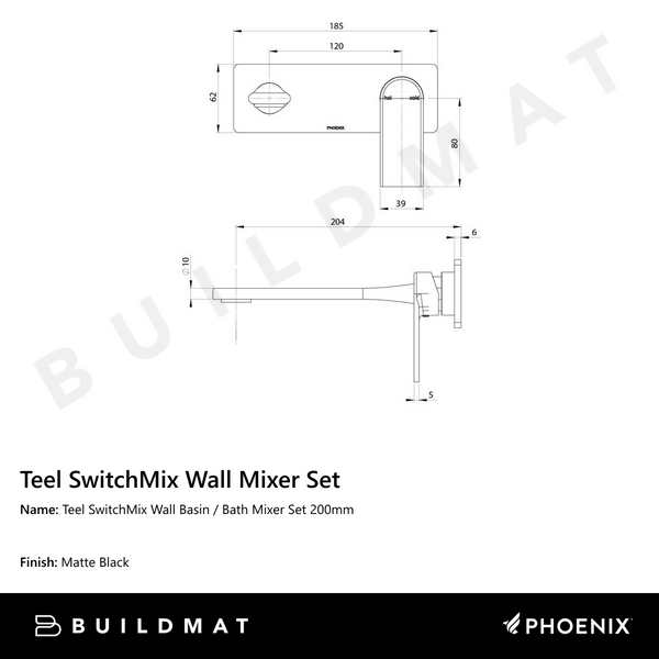 Phoenix Teel SwitchMix Wall Basin / Bath Mixer Set 200mm Fit-Off Kit Matte Black