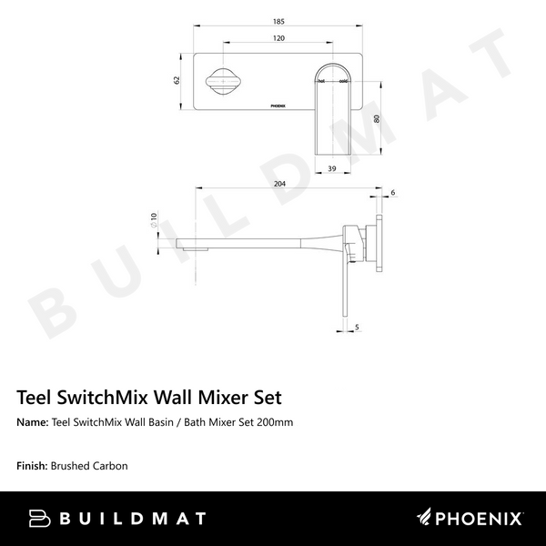 Phoenix Teel SwitchMix Wall Basin / Bath Mixer Set 200mm Fit-Off Kit Brushed Carbon