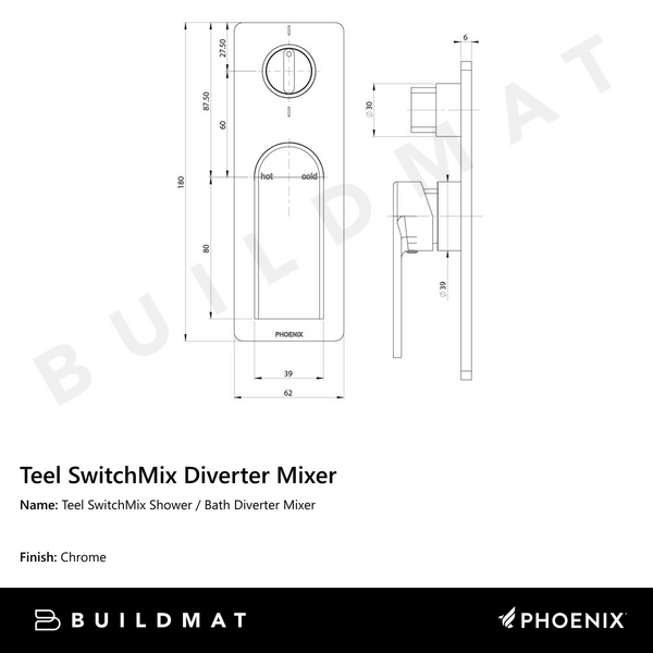 Phoenix Teel SwitchMix Shower / Bath Diverter Mixer Chrome (Complete Kit)