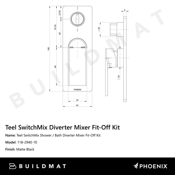 Phoenix Teel SwitchMix Shower / Bath Diverter Mixer Matte Black (Complete Kit)