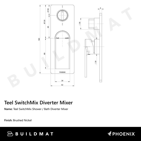 Phoenix Teel SwitchMix Shower / Bath Diverter Mixer Fit-Off Kit Brushed Nickel