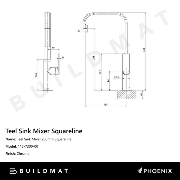 Phoenix Teel Sink Mixer 200mm Squareline Chrome