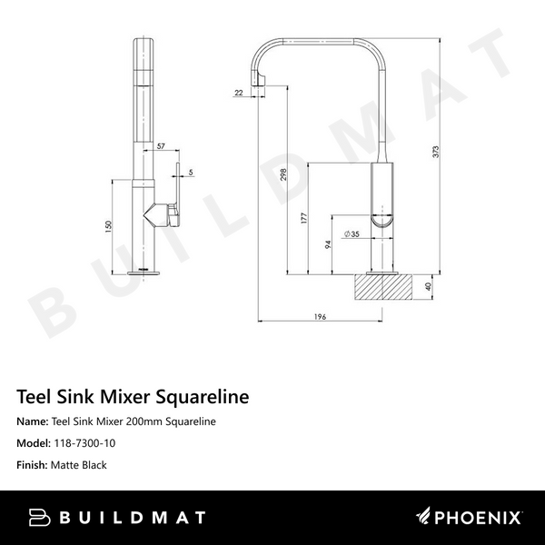 Phoenix Teel Sink Mixer 200mm Squareline Matte Black