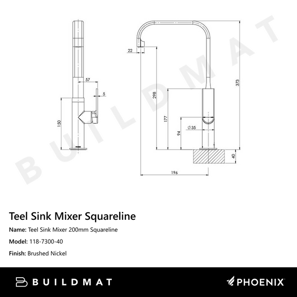 Phoenix Teel Sink Mixer 200mm Squareline Brushed Nickel