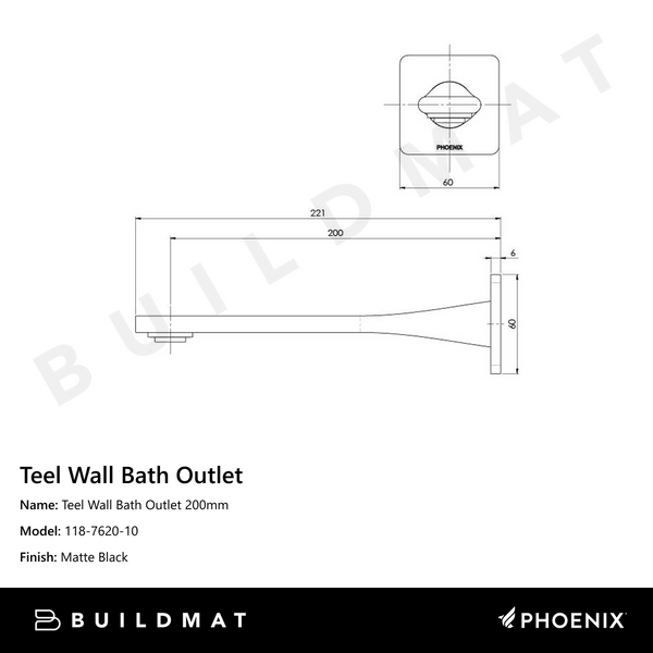 Phoenix Teel Wall Bath Outlet 200mm Matte Black