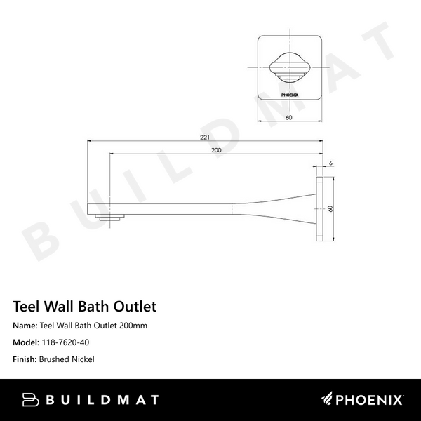 Phoenix Teel Wall Bath Outlet 200mm Brushed Nickel