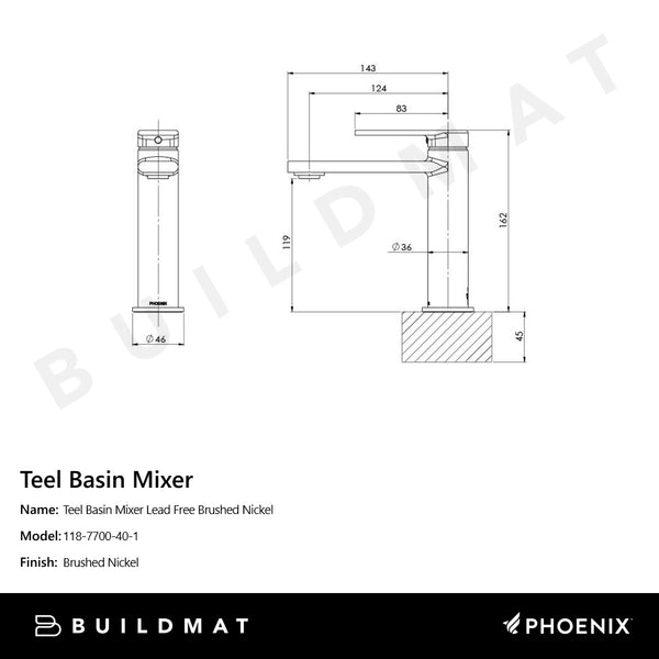 Phoenix Teel Basin Mixer Lead Free Brushed Nickel