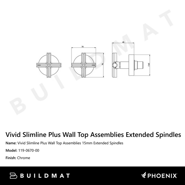 Phoenix Vivid Slimline Plus Wall Top Assemblies 15mm Extended Spindles Chrome