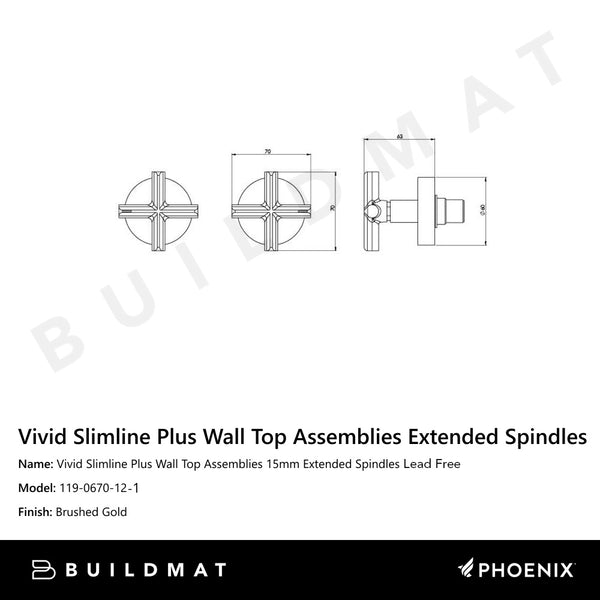 Phoenix Vivid Slimline Plus Wall Top Assemblies 15mm Extended Spindles Brushed Gold Lead Free
