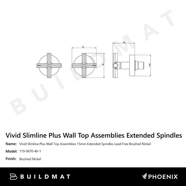 Phoenix Vivid Slimline Plus Wall Top Assemblies 15mm Extended Spindles Lead Free Brushed Nickel