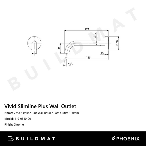 Phoenix Vivid Slimline Plus Wall Basin / Bath Outlet 180mm Chrome