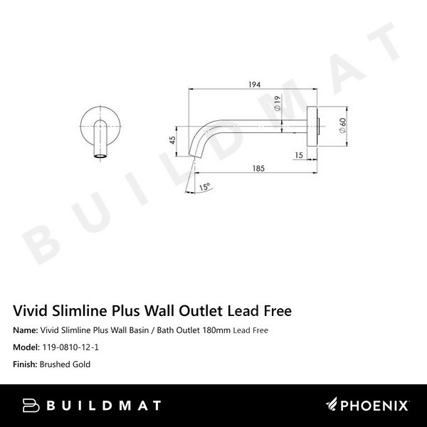 Phoenix Vivid Slimline Plus Wall Basin / Bath Outlet 180mm Brushed Gold Lead Free