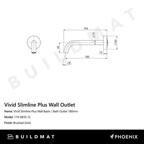Phoenix Vivid Slimline Plus Wall Basin / Bath Outlet 180mm Brushed Gold