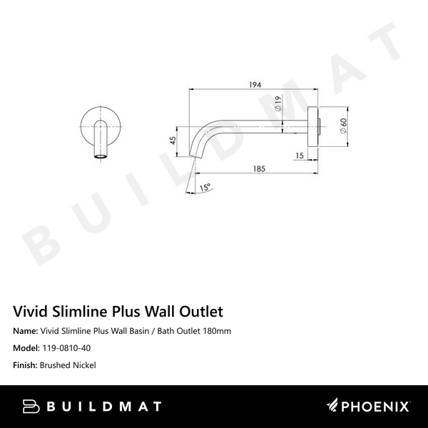 Phoenix Vivid Slimline Plus Wall Basin / Bath Outlet 180mm Brushed Nickel