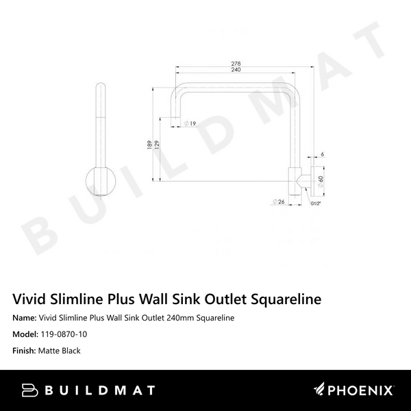 Phoenix Vivid Slimline Plus Wall Sink Outlet 240mm Squareline Matte Black