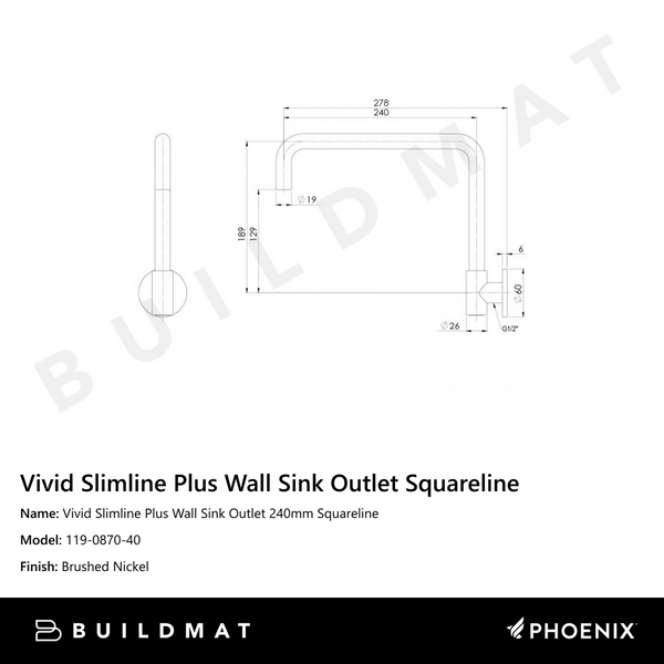 Phoenix Vivid Slimline Plus Wall Sink Outlet 240mm Squareline  Brushed Nickel