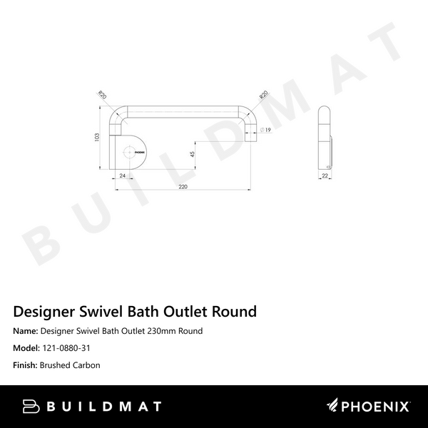 Phoenix Designer Swivel Bath Outlet 230mm Round Brushed Carbon