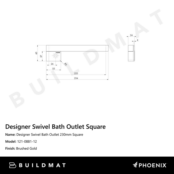 Phoenix Designer Swivel Bath Outlet 230mm Square Brushed Gold