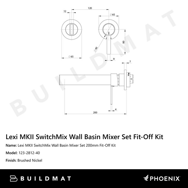 Phoenix Lexi MKII SwitchMix Wall Basin Mixer Set 200mm Fit-Off Kit Brushed Nickel