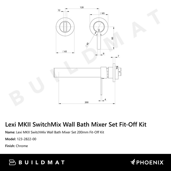 Phoenix Lexi MKII SwitchMix Wall Bath Mixer Set 200mm Fit-Off Kit Chrome