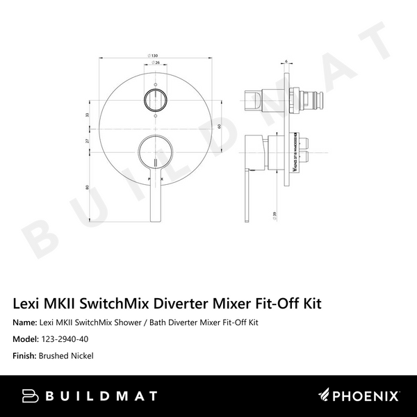Phoenix Lexi MKII SwitchMix Shower / Bath Diverter Mixer Fit-Off Kit  Brushed Nickel