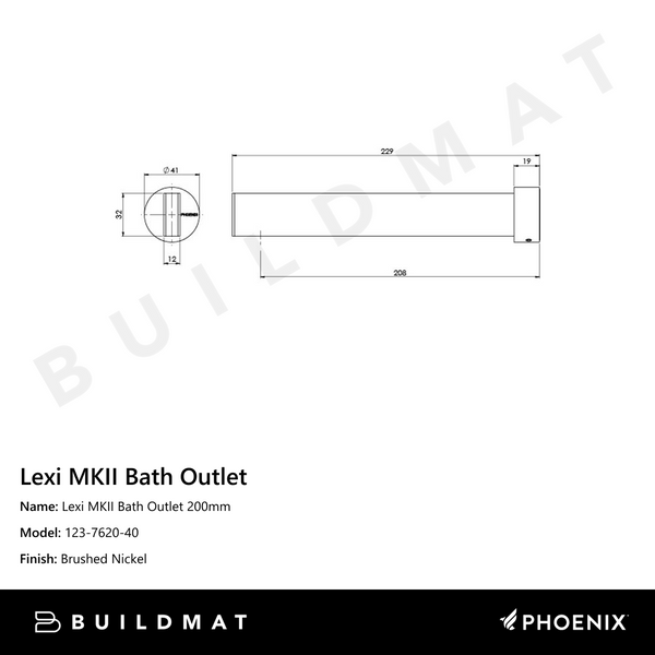 Phoenix Lexi MKII Bath Outlet 200mm  Brushed Nickel