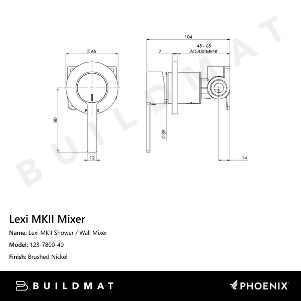 Phoenix Lexi MKII Shower / Wall Mixer  Brushed Nickel