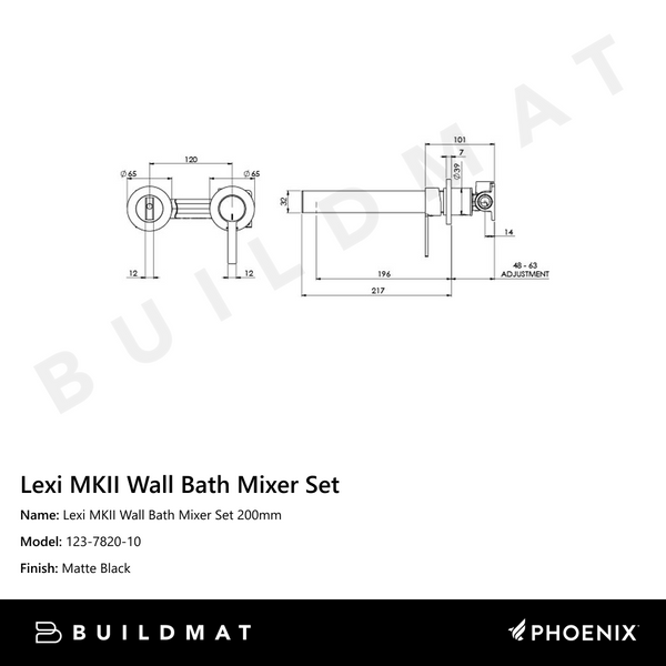 Phoenix Lexi MKII Wall Bath Mixer Set 200mm Matte Black