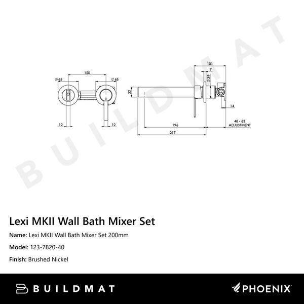 Phoenix Lexi MKII Wall Bath Mixer Set 200mm Brushed Nickel