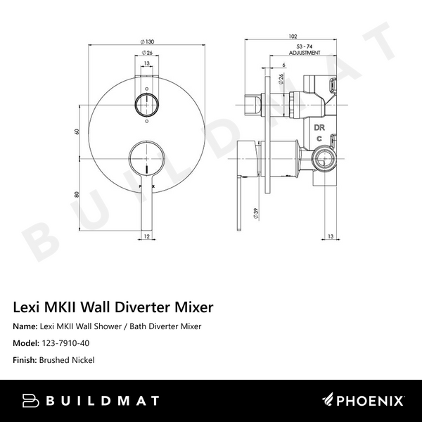 Phoenix Lexi MKII Wall Shower / Bath Diverter Mixer Brushed Nickel