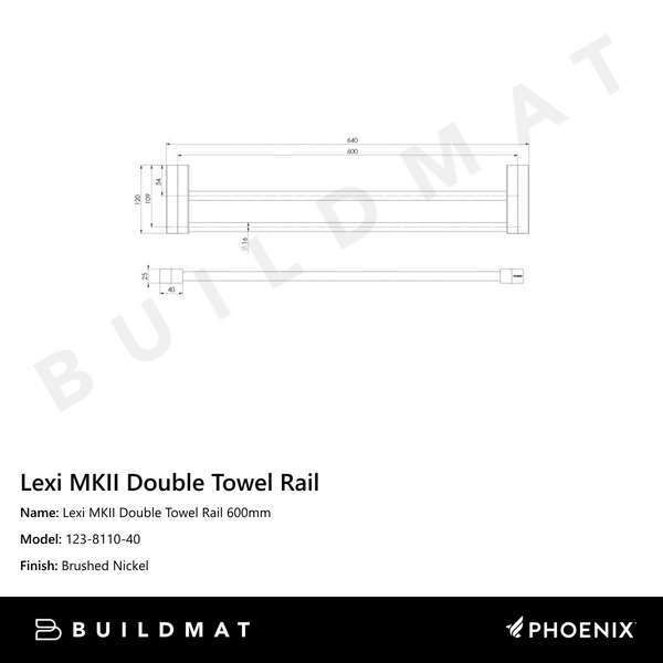 Phoenix Lexi MKII Double Towel Rail 600mm  Brushed Nickel
