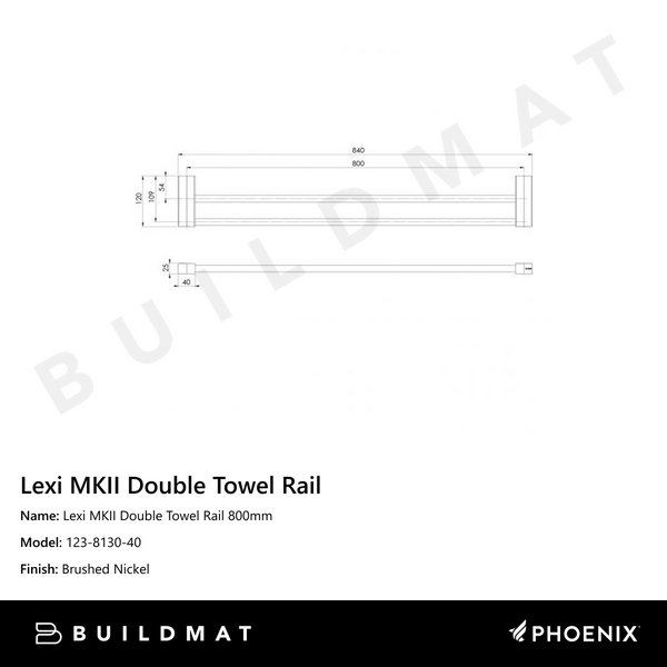 Phoenix Lexi MKII Double Towel Rail 800mm Brushed Nickel