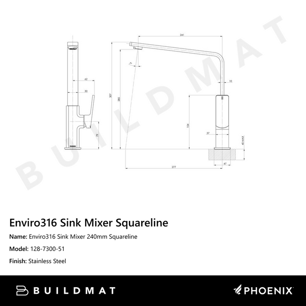 Phoenix Enviro316 Sink Mixer 240mm Squareline Stainless Steel