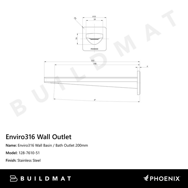 Phoenix Enviro316 Wall Basin / Bath Outlet 200mm Stainless Steel