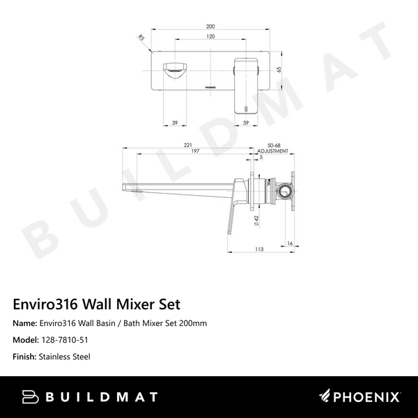 Phoenix Enviro316 Wall Basin / Bath Mixer Set 200mm Stainless Steel