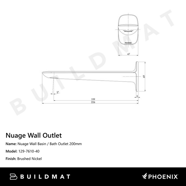 Phoenix Nuage Wall Basin / Bath Outlet 200mm  Brushed Nickel