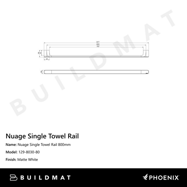 Phoenix Nuage Single Towel Rail 800mm  Matte White