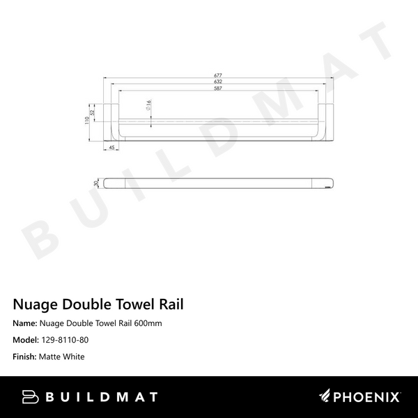 Phoenix Nuage Double Towel Rail 600mm Matte White