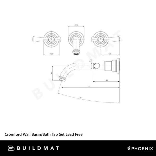 Phoenix Cromford Wall Basin/Bath Tap Set Brushed Bronze Lead Free
