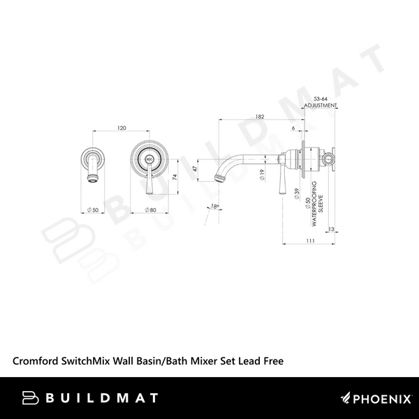 Phoenix Cromford SwitchMix Wall Basin/Bath Mixer Set (Complete Kit) Brushed Bronze Lead Free