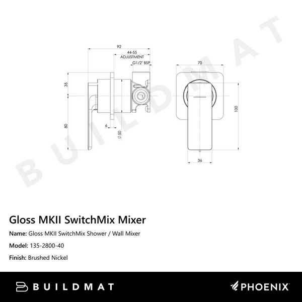 Phoenix Gloss MKII SwitchMix Shower / Wall Mixer Brushed Nickel (Complete Kit)