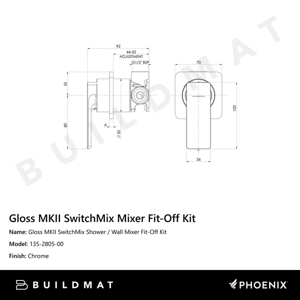 Phoenix Gloss MKII SwitchMix Shower / Wall Mixer Fit-Off Kit Chrome