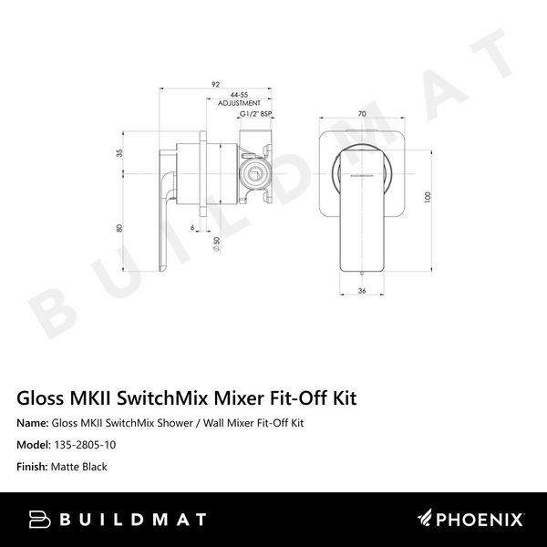 Phoenix Gloss MKII SwitchMix Shower / Wall Mixer Fit-Off Kit   Matte Black