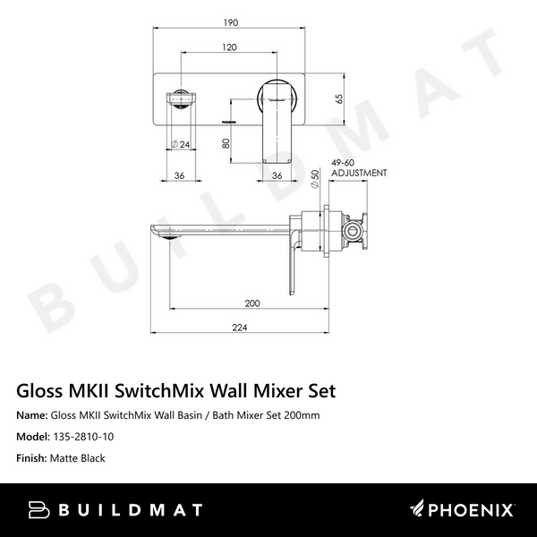 Phoenix Gloss MKII SwitchMix Wall Basin / Bath Mixer Set 200mm Matte Black (Complete Kit)