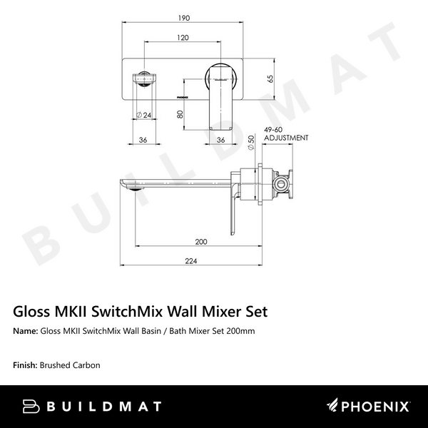 Phoenix Gloss MKII SwitchMix Wall Basin / Bath Mixer Set 200mm Brushed Carbon (Complete Kit) Lead Free