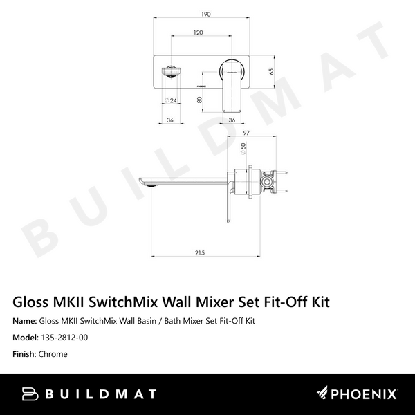 Phoenix Gloss MKII SwitchMix Wall Basin / Bath Mixer Set 200mm Fit-Off Kit Chrome