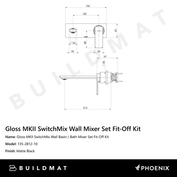 Phoenix Gloss MKII SwitchMix Wall Basin / Bath Mixer Set 200mm Fit-Off Kit   Matte Black